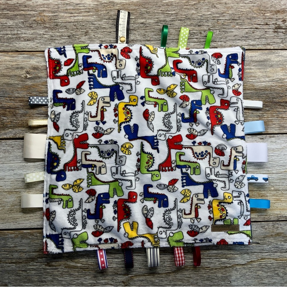 Baby tag blanket || sensory blanket || lovey || dinosaur print